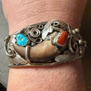 Navajo Turquoise and Coral Sterling Silver Signed Bracelet